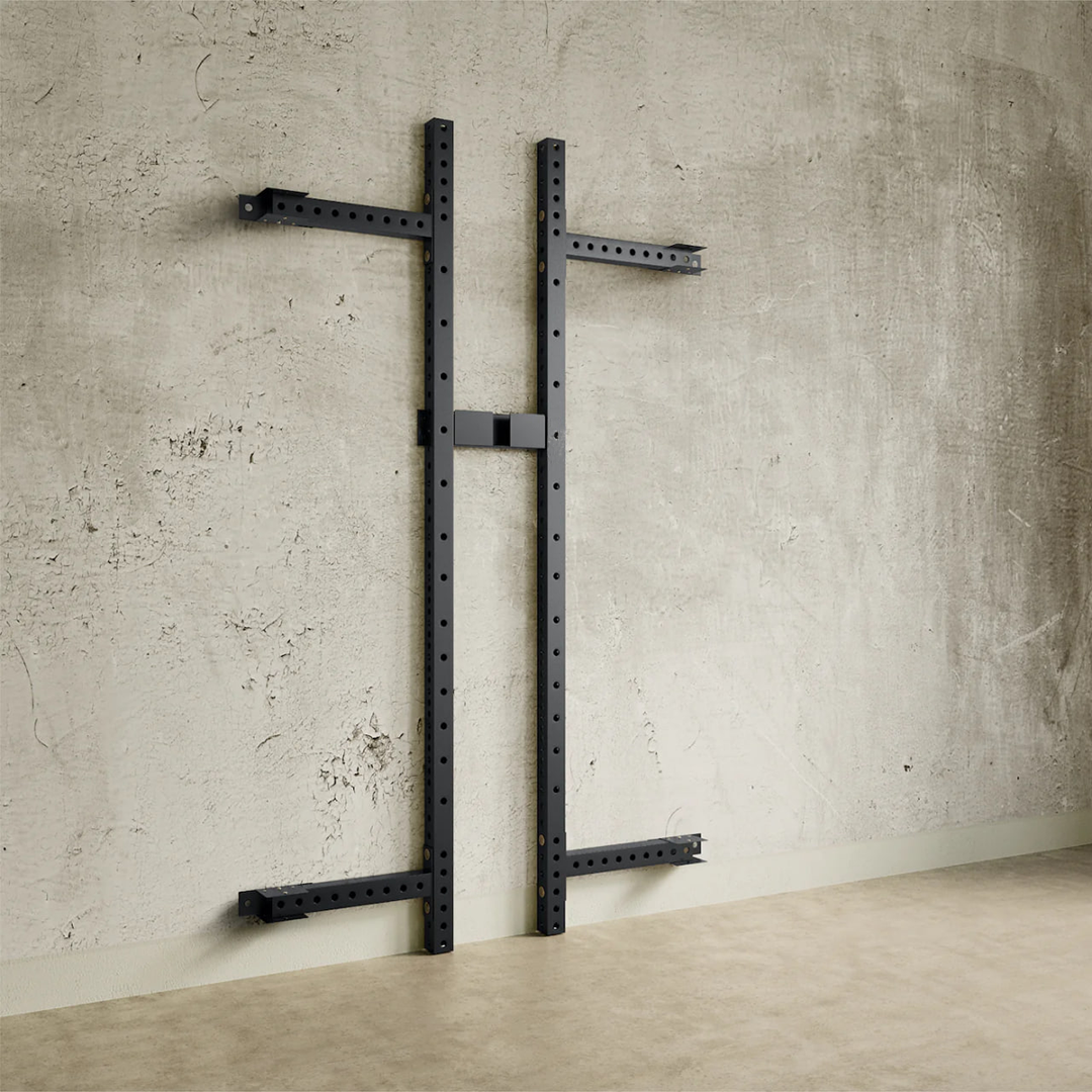 Space-saving Fitbol wall rack with pull-up bar for strength training